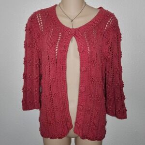 KEO Hand Knit Original Berry Pink Popcorn Bobble Pointelle Cardigan Sweater